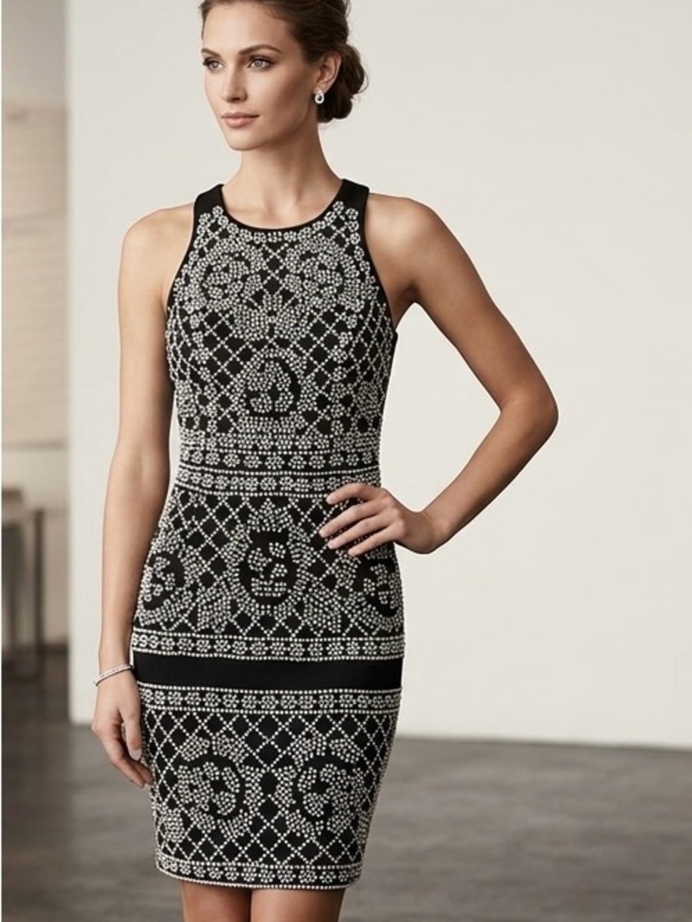 Xscape Black and White Beaded Sheath Prom Event Dress